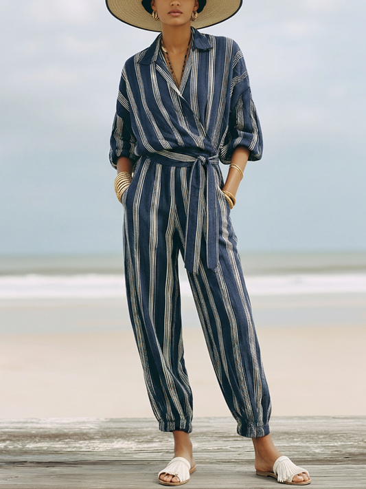 Women's Vacation Navy Blue Linen-Cotton Striped Collared Waisted Cuffed Jumpsuit