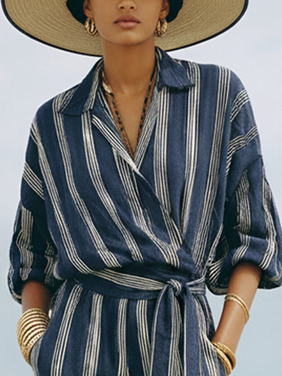 Women's Vacation Navy Blue Linen-Cotton Striped Collared Waisted Cuffed Jumpsuit