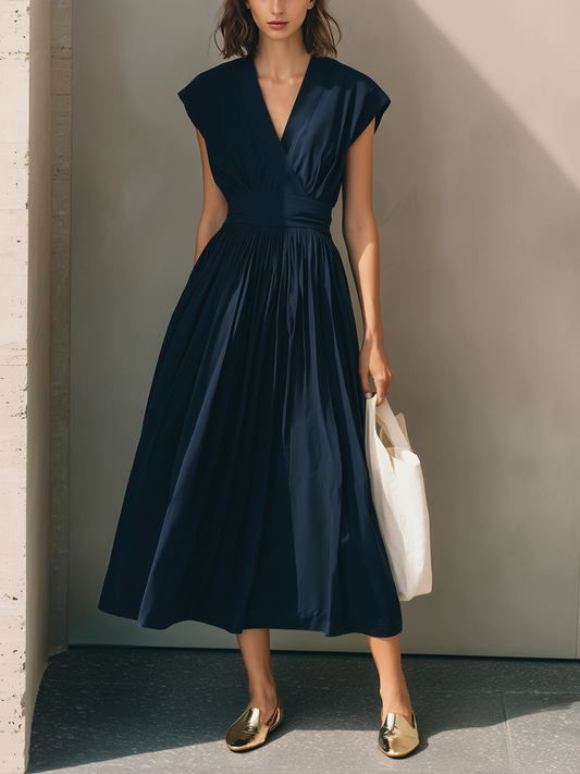 Women's Modern Minimalist French-Style Elegant Dress — V-Neck, X-Silhouette, Cinched Waist, Deep Navy Blue