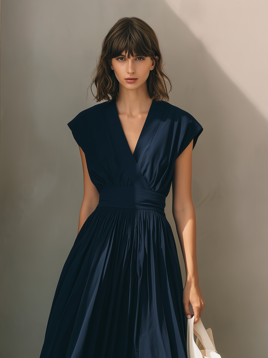Women's Modern Minimalist French-Style Elegant Dress — V-Neck, X-Silhouette, Cinched Waist, Deep Navy Blue