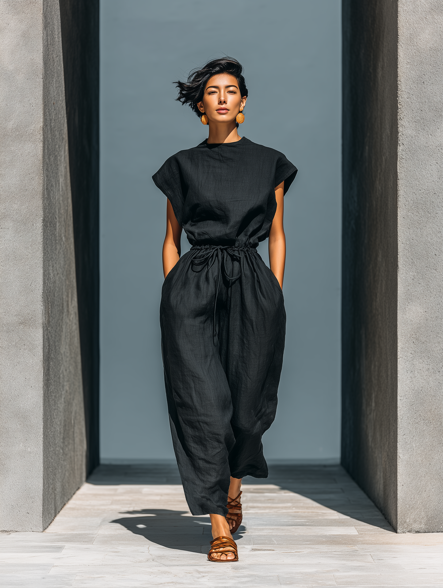 Women’s Black Linen-Blend Round Neck Cap Sleeve Drawstring Waist Backless Wide-Leg Jumpsuit