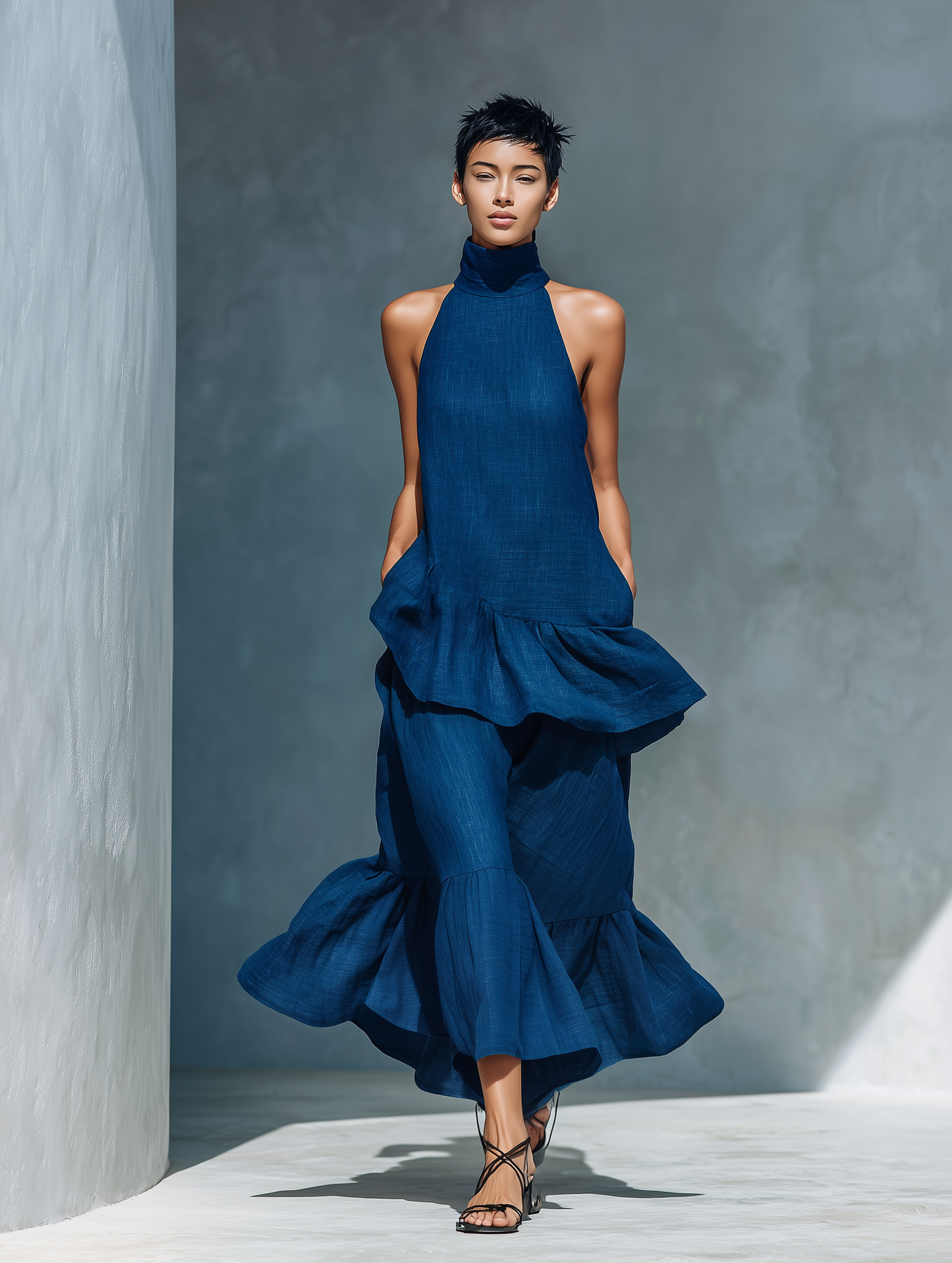 Women’s Indigo Blue Linen-Blend Sleeveless High Neck Tiered Ruffle Maxi Dress