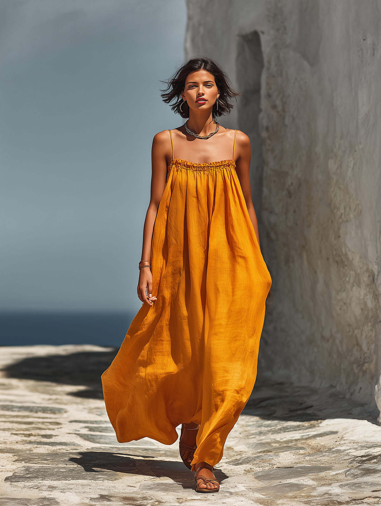 Women’s Tangerine Linen-Blend Spaghetti Strap Smocked Neck Flowy Maxi Sundress