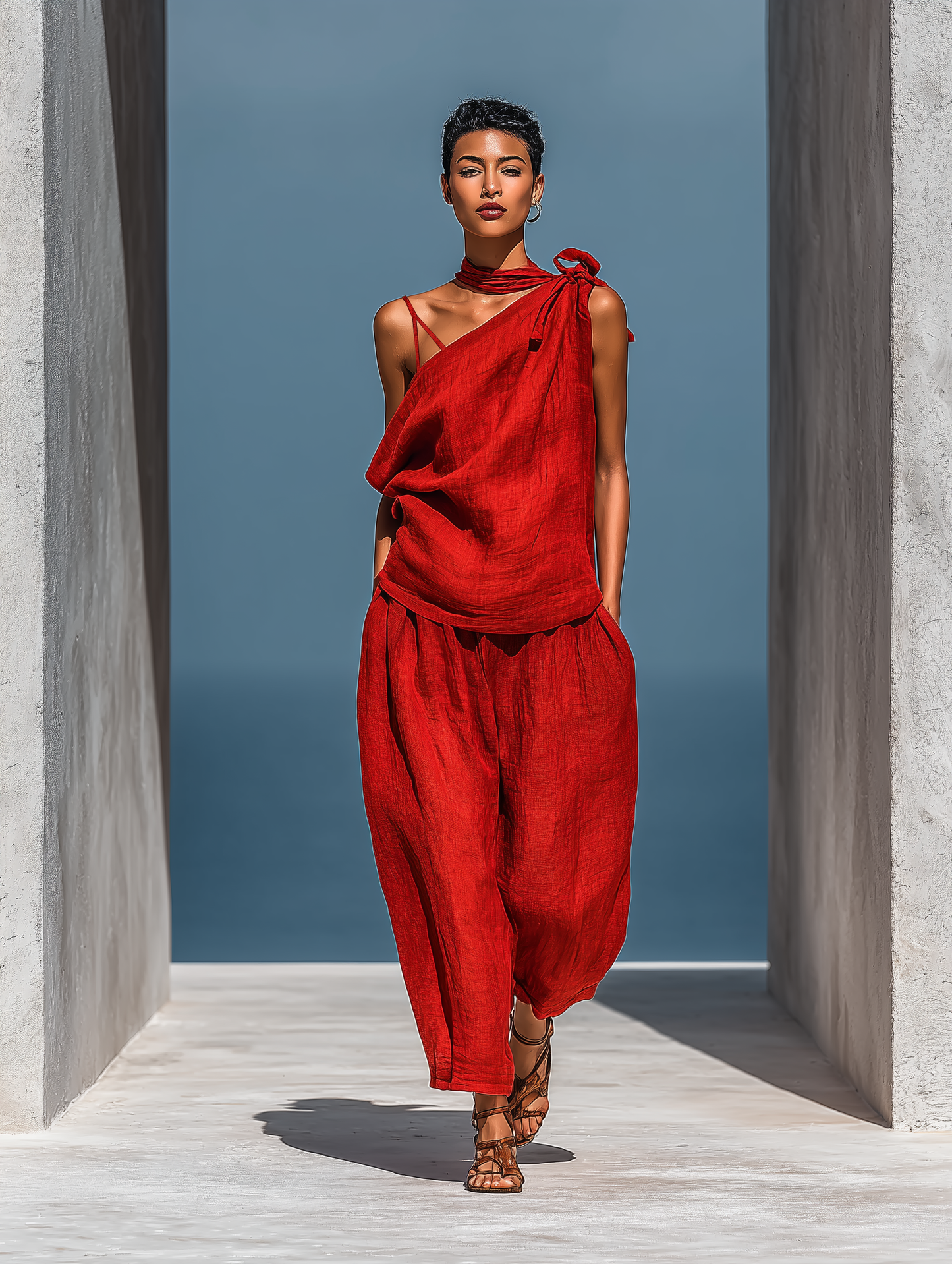 Women’s Red Linen-Blend Two-Piece Set: Asymmetrical One-Shoulder Top (Without Neck Scarf) & Wide-Leg Pants With Pockets