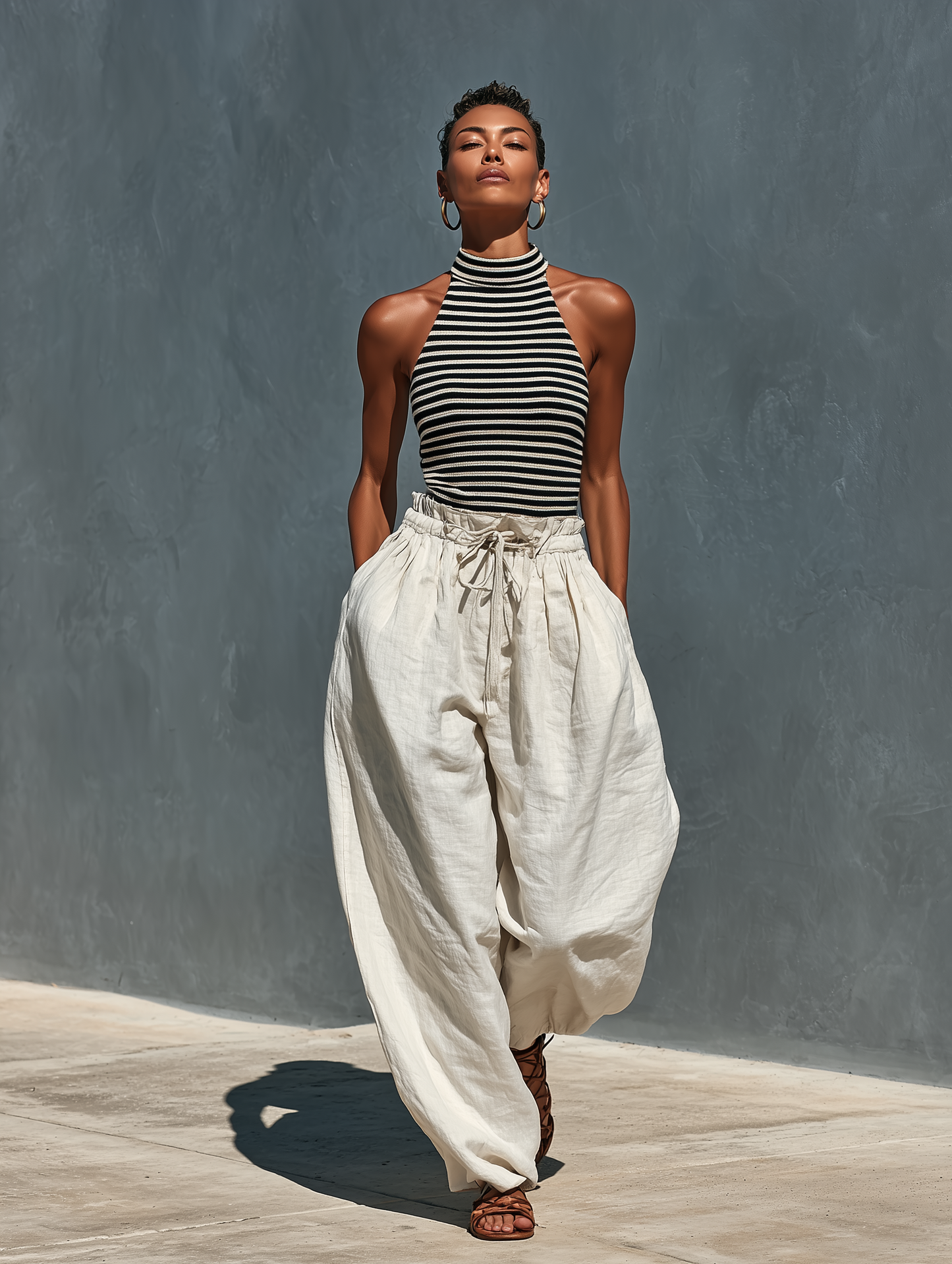 Women’s Black & White Striped Ribbed Knit Halter Top & Beige Linen Drawstring Wide-Leg Pants Two-Piece Set With Pockets