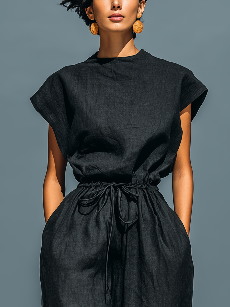Women’s Black Linen-Blend Round Neck Cap Sleeve Drawstring Waist Backless Wide-Leg Jumpsuit