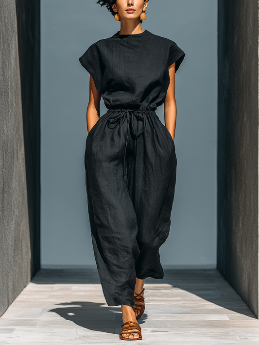 Women’s Black Linen-Blend Round Neck Cap Sleeve Drawstring Waist Backless Wide-Leg Jumpsuit