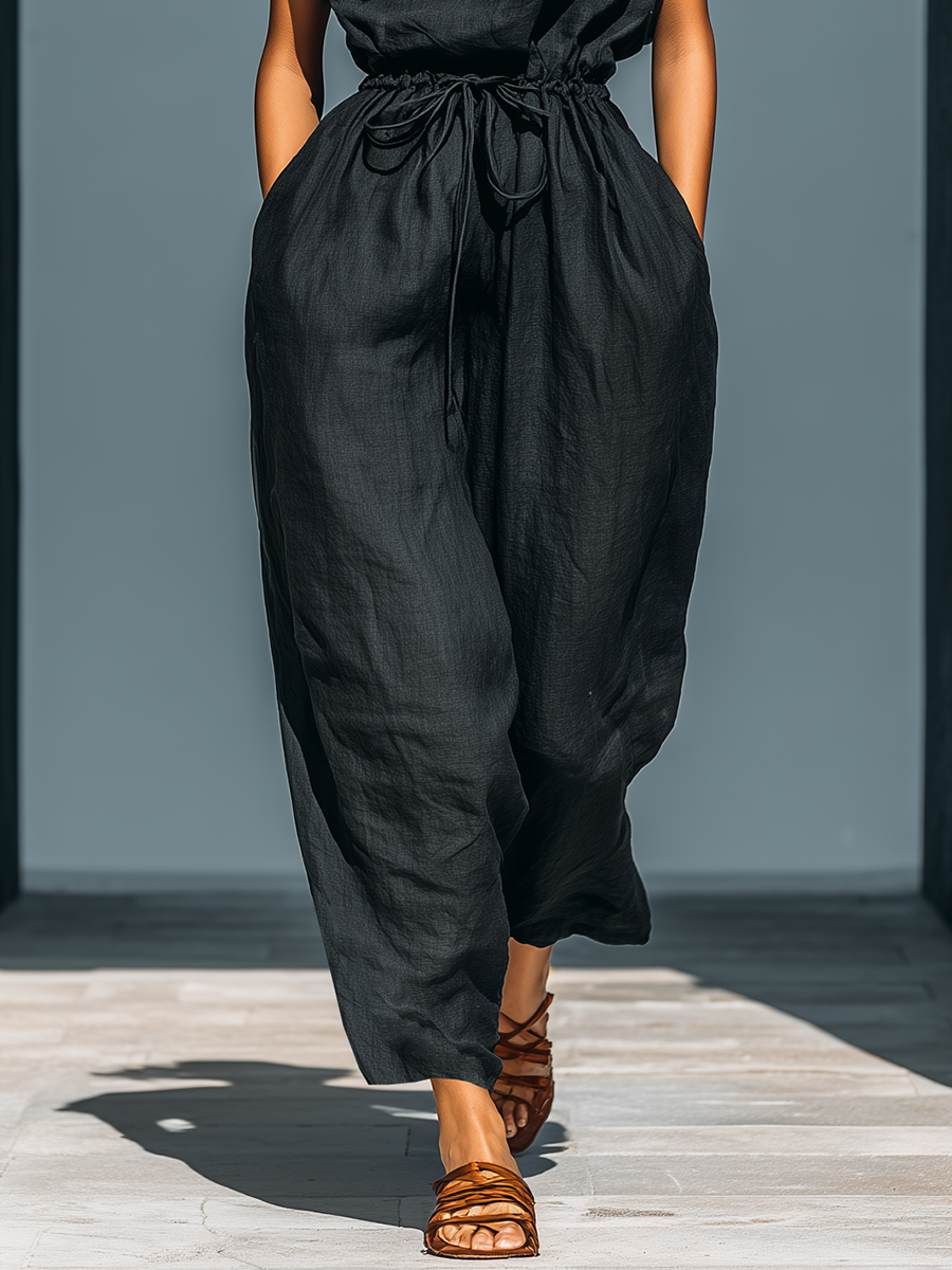 Women’s Black Linen-Blend Round Neck Cap Sleeve Drawstring Waist Backless Wide-Leg Jumpsuit