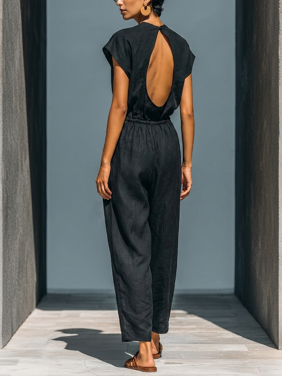 Women’s Black Linen-Blend Round Neck Cap Sleeve Drawstring Waist Backless Wide-Leg Jumpsuit