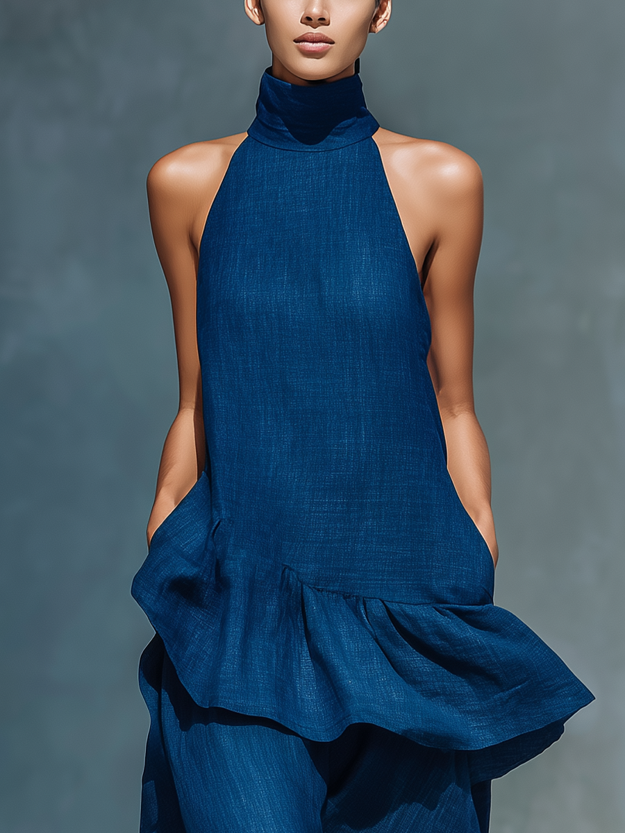 Women’s Indigo Blue Linen-Blend Sleeveless High Neck Tiered Ruffle Maxi Dress