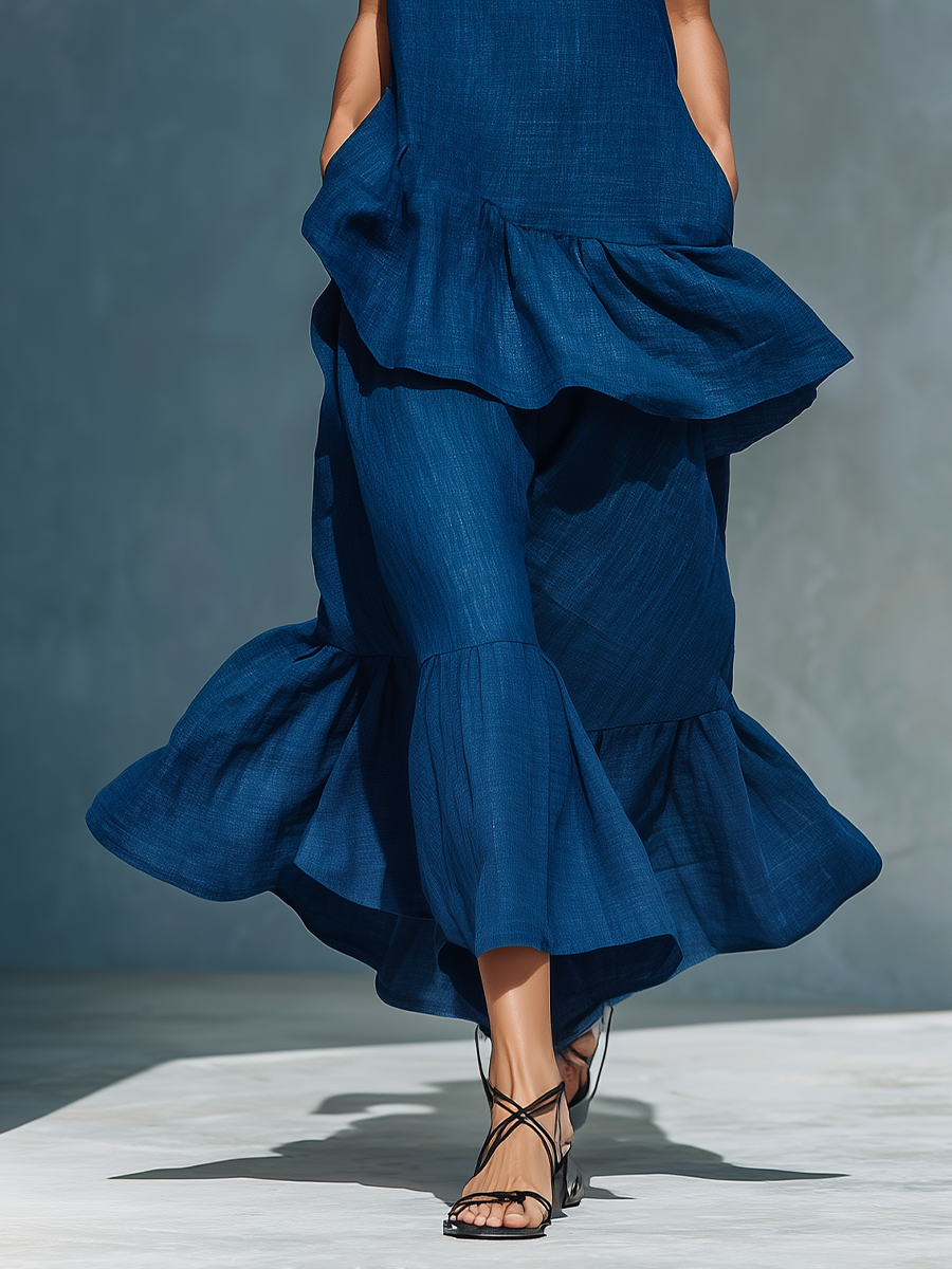 Women’s Indigo Blue Linen-Blend Sleeveless High Neck Tiered Ruffle Maxi Dress