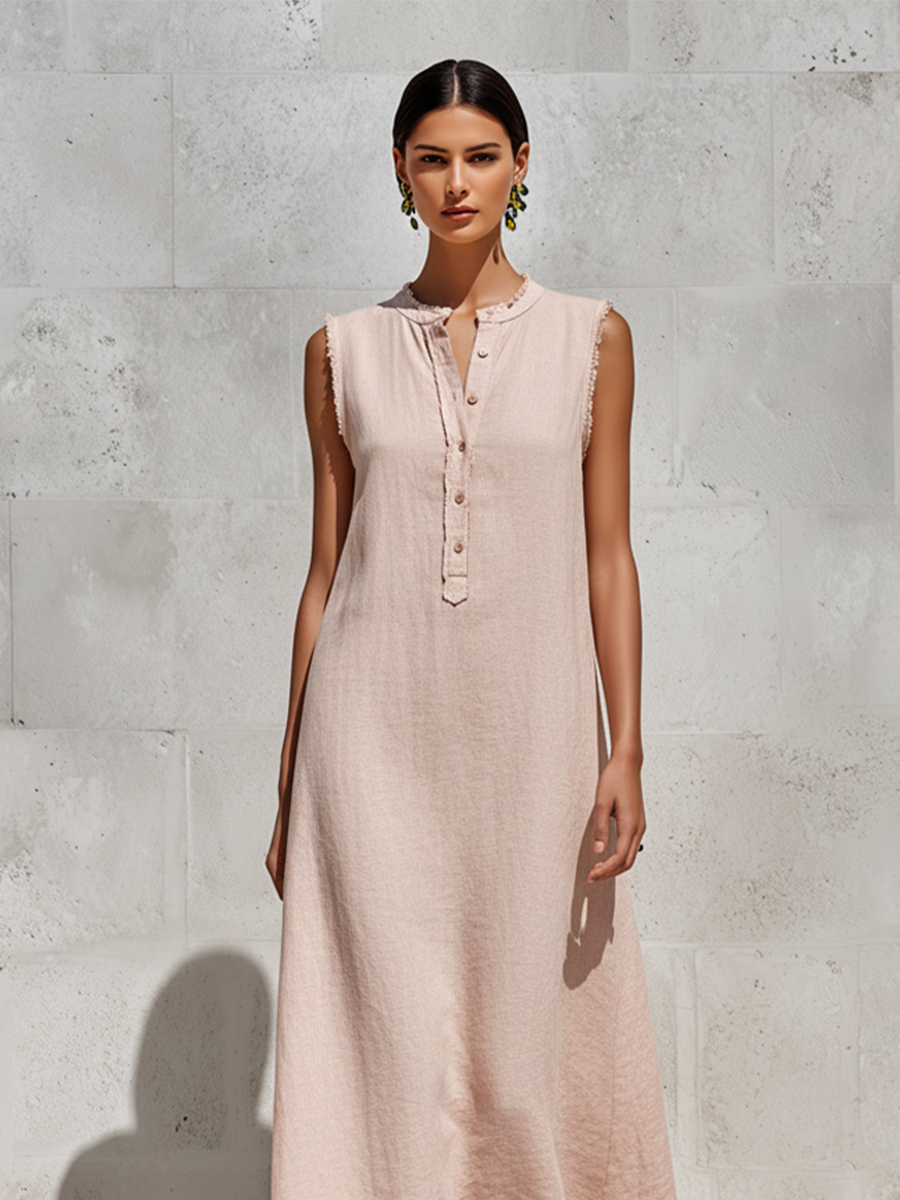 Women's Blush Pink Linen-Blend Maxi Dress With Frayed Trim & Henley Neck, Timeless Minimalist-Chic Style Dress