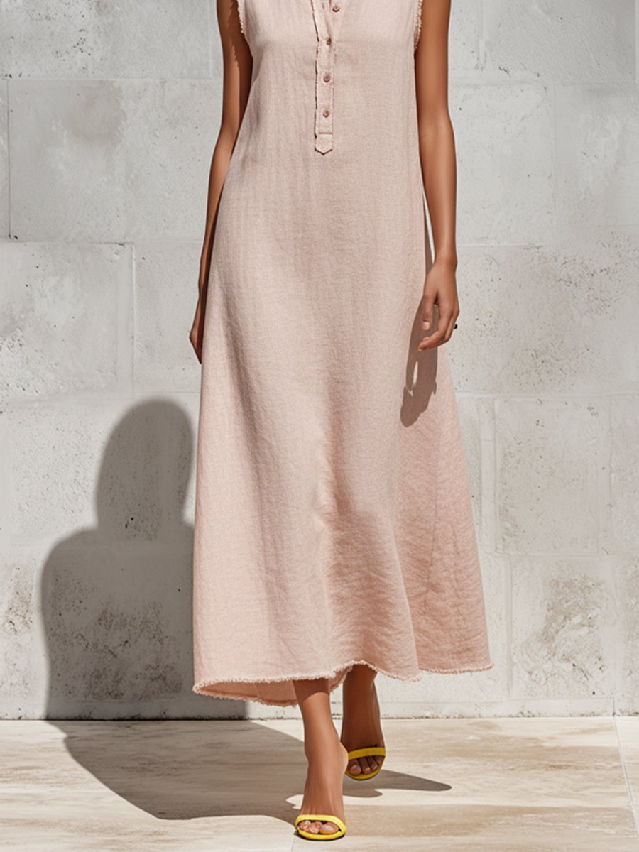 Women's Blush Pink Linen-Blend Maxi Dress With Frayed Trim & Henley Neck, Timeless Minimalist-Chic Style Dress