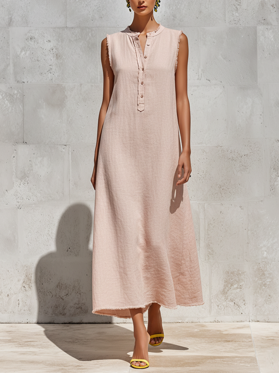 Women's Blush Pink Linen-Blend Maxi Dress With Frayed Trim & Henley Neck, Timeless Minimalist-Chic Style Dress