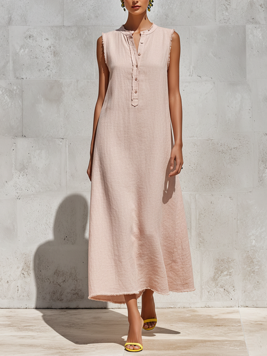 Women's Blush Pink Linen-Blend Maxi Dress With Frayed Trim & Henley Neck, Timeless Minimalist-Chic Style Dress