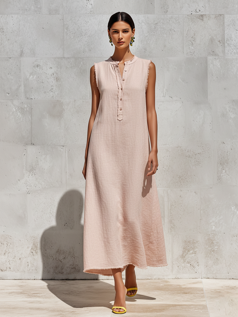 Women's Blush Pink Linen-Blend Maxi Dress With Frayed Trim & Henley Neck, Timeless Minimalist-Chic Style Dress