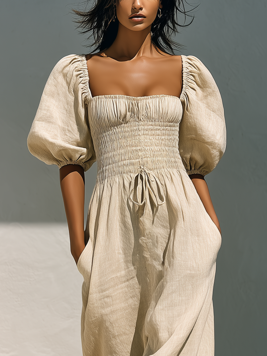 Women’s Beige Linen-Blend Square Neck Puff Sleeve Smocked Waist Maxi Dress With Pockets