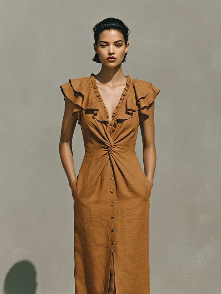 Women's Caramel Cotton-Blend Midi Dress With Ruffle V-Neck & Twist Waist, Timeless Romantic-Chic Style Dress