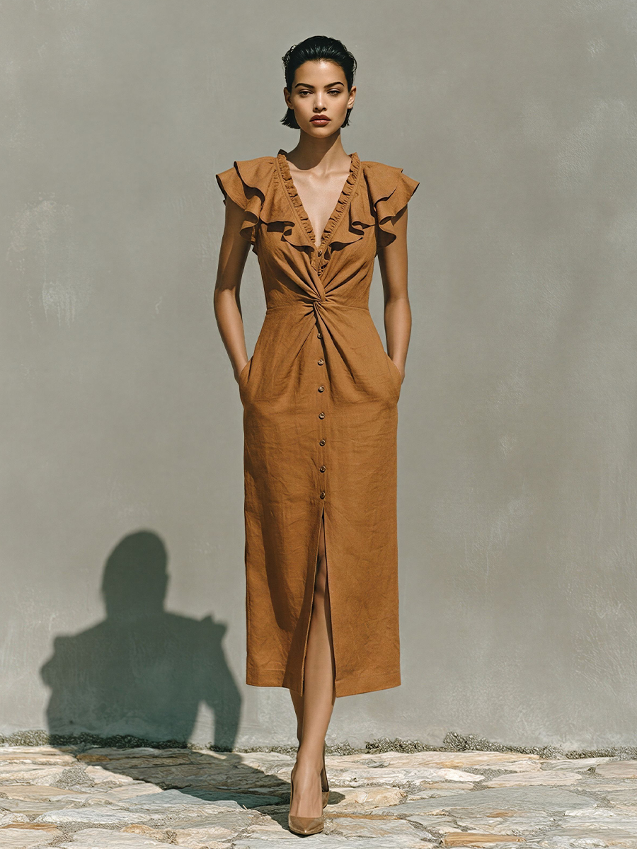 Women's Caramel Cotton-Blend Midi Dress With Ruffle V-Neck & Twist Waist, Timeless Romantic-Chic Style Dress