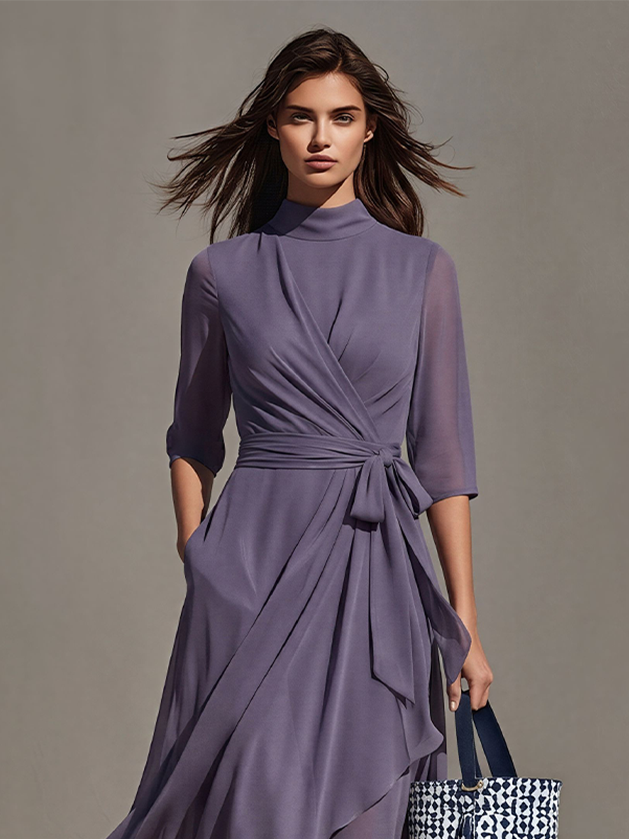 Women's Lavender Chiffon Dress With Sheer Three-Quarter Sleeves & Asymmetric Hem, Modern Effortless-Chic Day Dress
