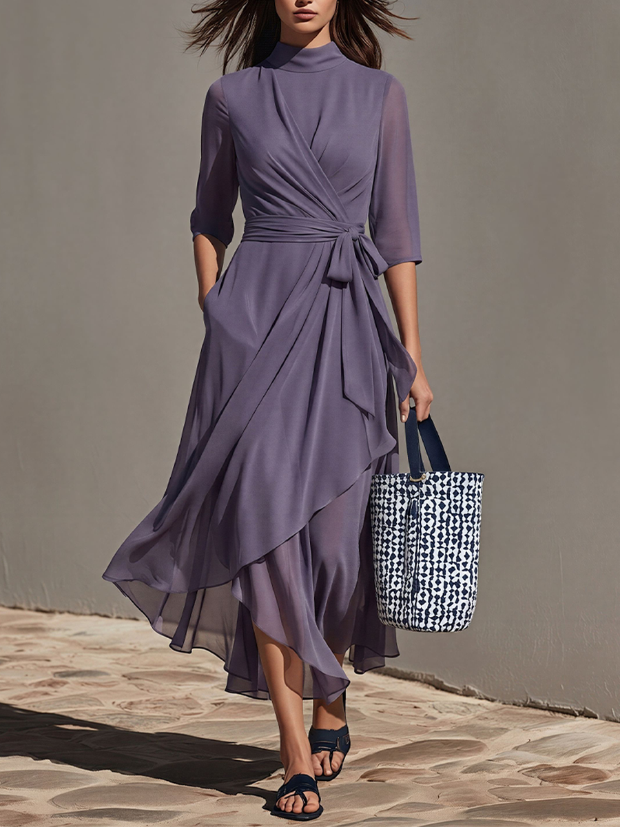 Women's Lavender Chiffon Dress With Sheer Three-Quarter Sleeves & Asymmetric Hem, Modern Effortless-Chic Day Dress
