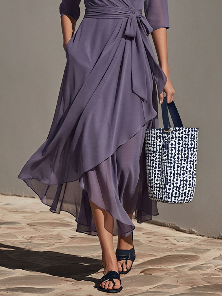 Women's Lavender Chiffon Dress With Sheer Three-Quarter Sleeves & Asymmetric Hem, Modern Effortless-Chic Day Dress