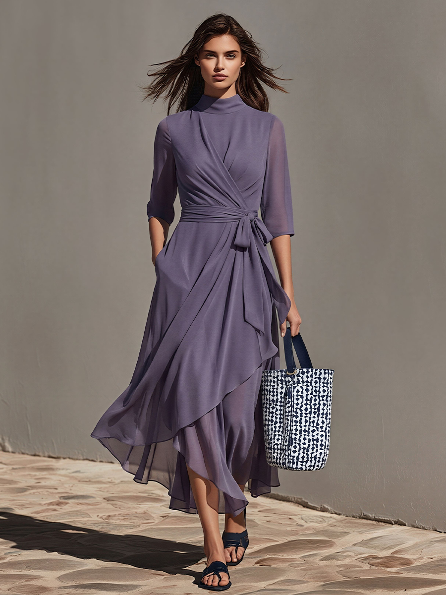 Women's Lavender Chiffon Dress With Sheer Three-Quarter Sleeves & Asymmetric Hem, Modern Effortless-Chic Day Dress