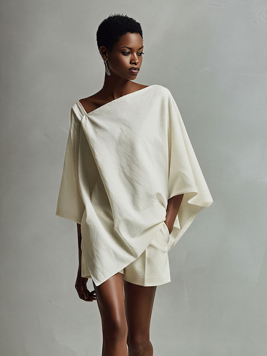 Women's Ivory Linen-Blend Two-Piece Set With Draped Tunic Top & Tailored Shorts, Modern Effortless-Elegant Outfit