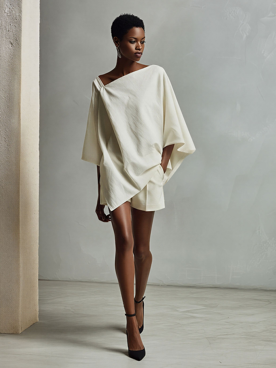 Women's Ivory Linen-Blend Two-Piece Set With Draped Tunic Top & Tailored Shorts, Modern Effortless-Elegant Outfit