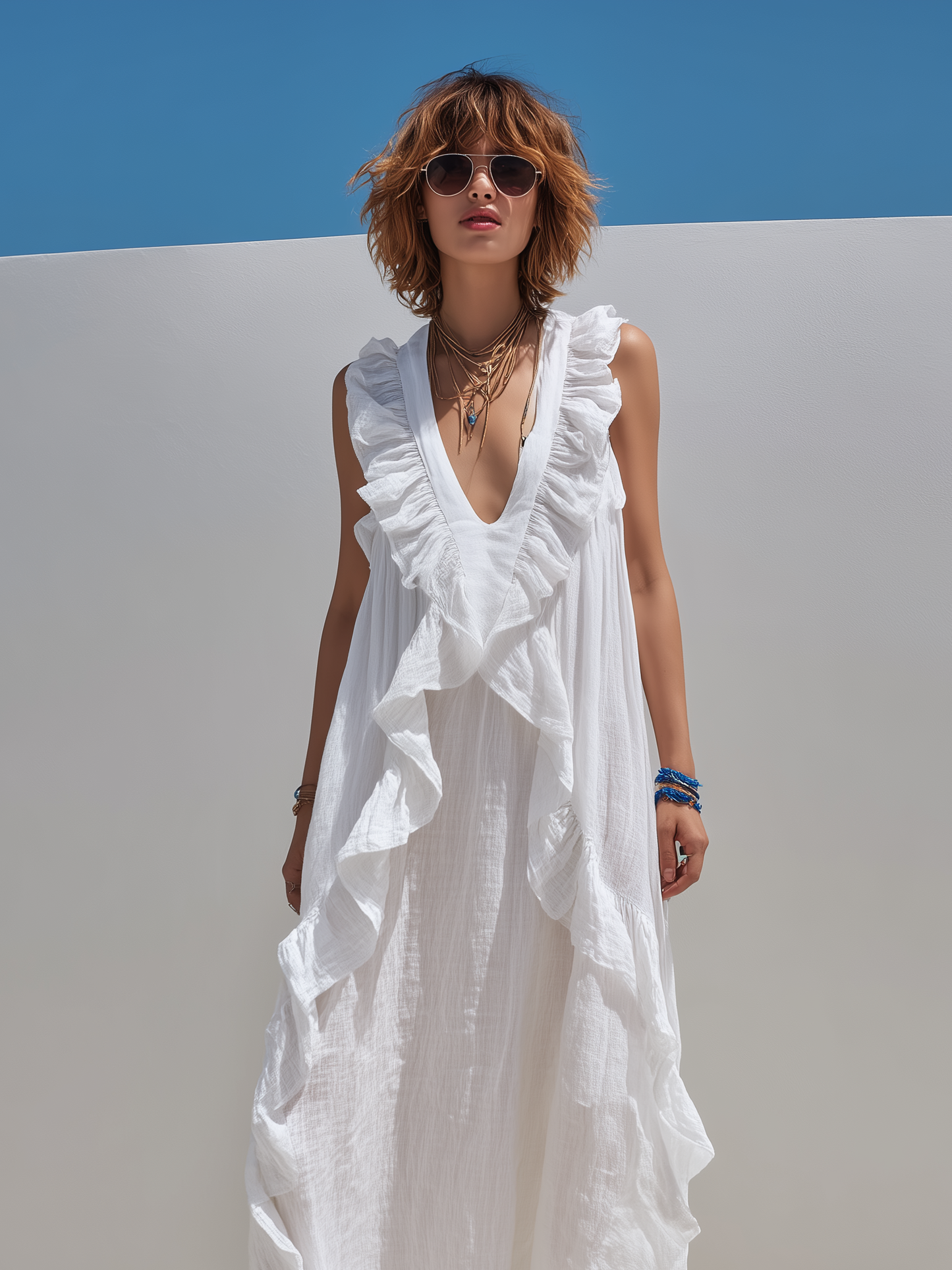 Women's Casual White Cotton-Linen V-Neck Sleeveless Ruffled Maxi Dress