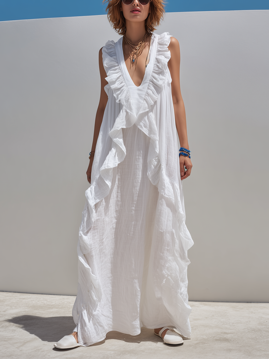 Women's Casual White Cotton-Linen V-Neck Sleeveless Ruffled Maxi Dress