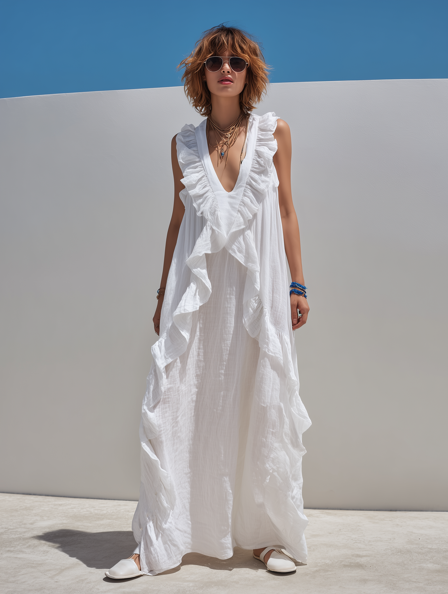 Women's Casual White Cotton-Linen V-Neck Sleeveless Ruffled Maxi Dress
