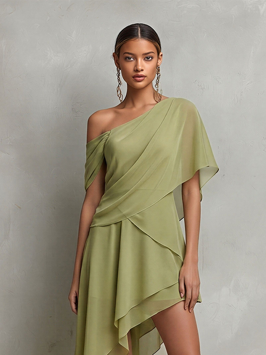 Women's Sage Green Sheer Chiffon Dress With Asymmetrical Neckline & High-Low Hem, Modern Effortless-Elegant Cocktail Dress
