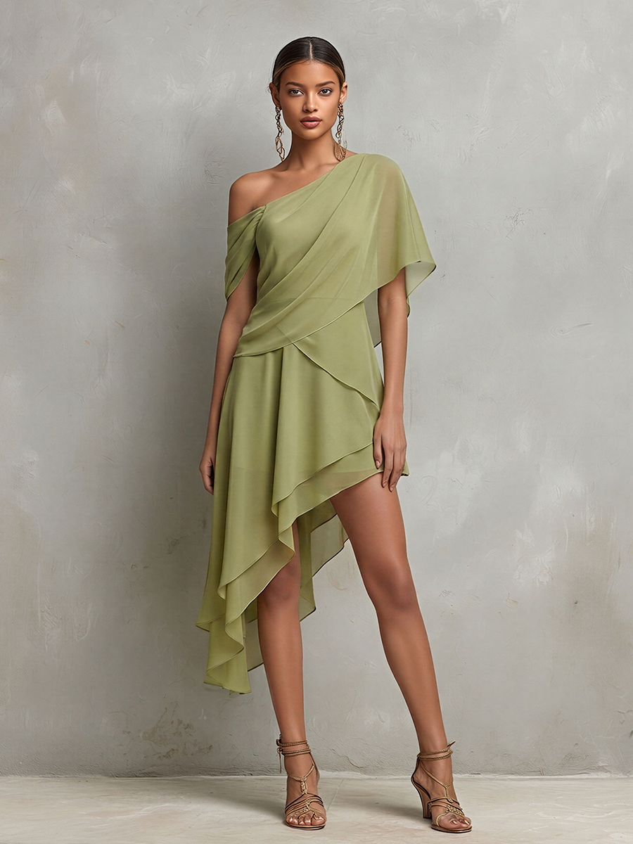 Women's Sage Green Sheer Chiffon Dress With Asymmetrical Neckline & High-Low Hem, Modern Effortless-Elegant Cocktail Dress