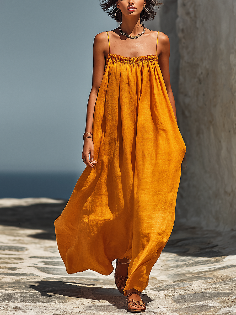 Women’s Tangerine Linen-Blend Spaghetti Strap Smocked Neck Flowy Maxi Sundress