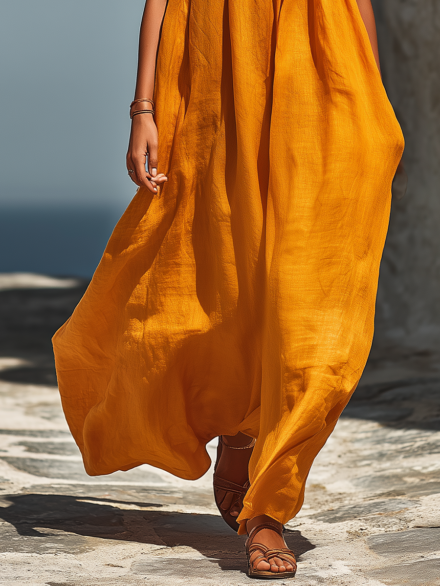 Women’s Tangerine Linen-Blend Spaghetti Strap Smocked Neck Flowy Maxi Sundress