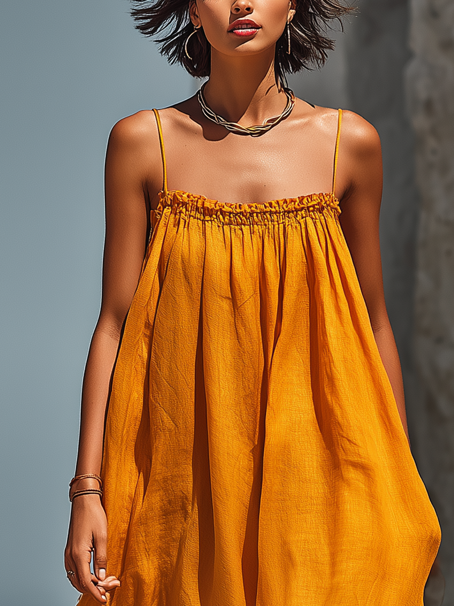 Women’s Tangerine Linen-Blend Spaghetti Strap Smocked Neck Flowy Maxi Sundress