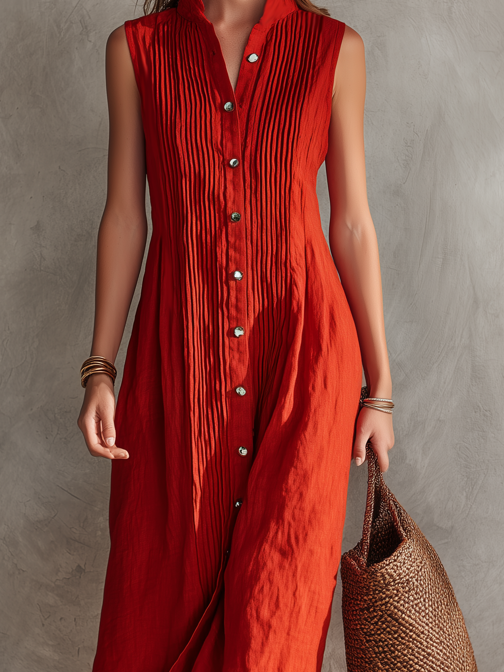 Women's Casual Red Cotton-Linen Sleeveless Loose-Fit Midi Dress With Round Neck