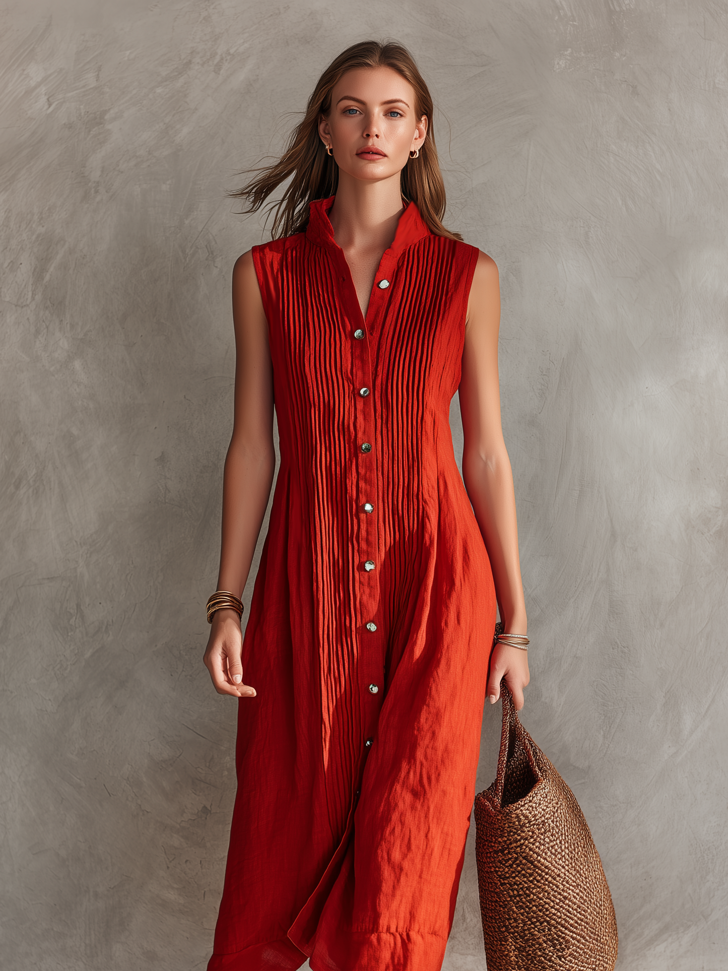 Women's Casual Red Cotton-Linen Sleeveless Loose-Fit Midi Dress With Round Neck