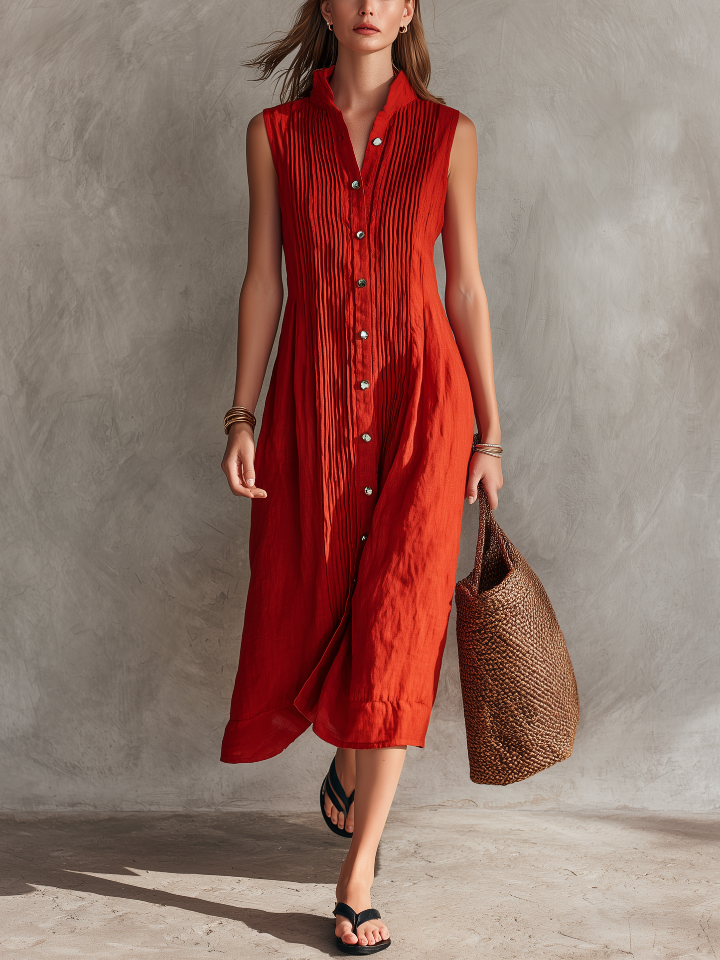 Women's Casual Red Cotton-Linen Sleeveless Loose-Fit Midi Dress With Round Neck