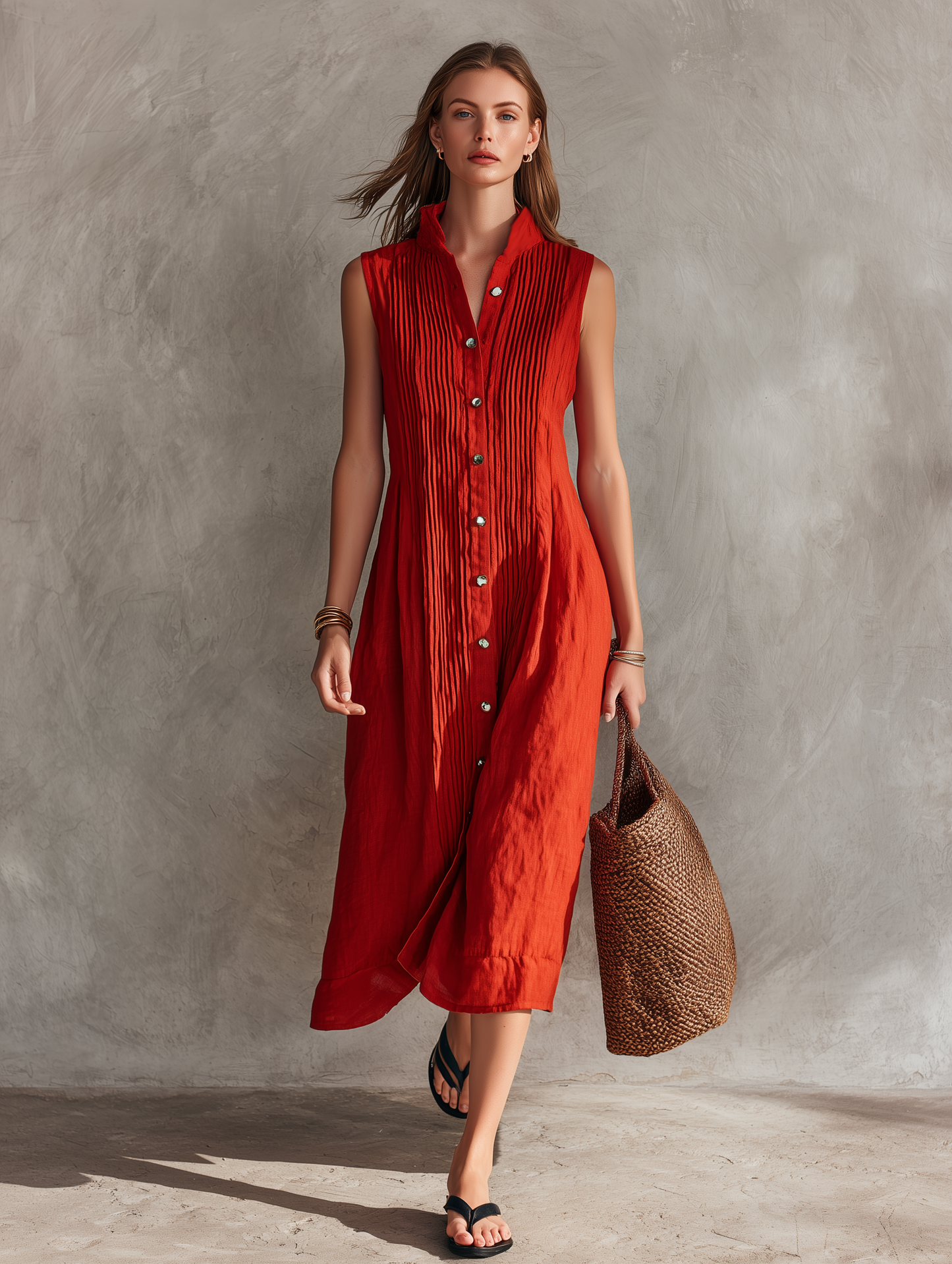 Women's Casual Red Cotton-Linen Sleeveless Loose-Fit Midi Dress With Round Neck