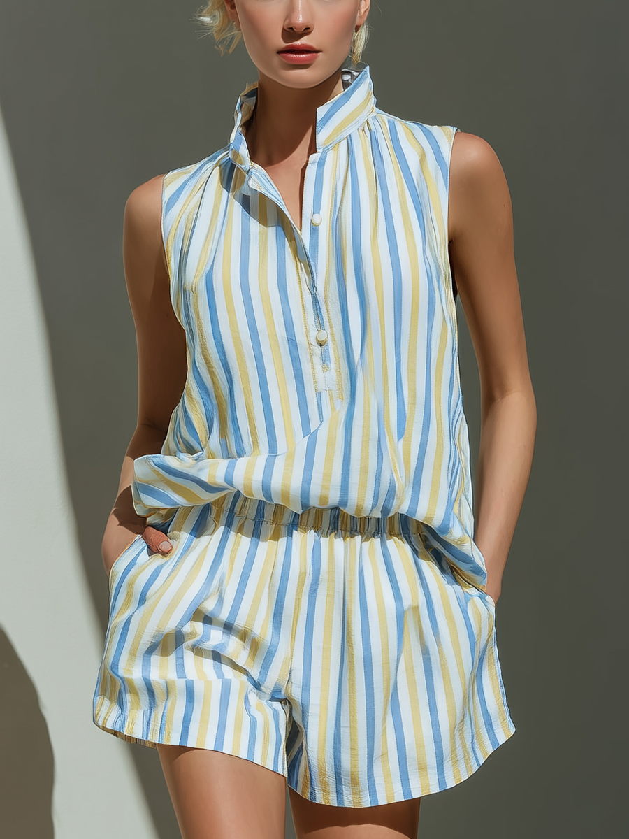 Women’s Blue & Yellow Striped Two-Piece Set: Sleeveless Half-Button Shirt & Elastic Waist Shorts With Pockets
