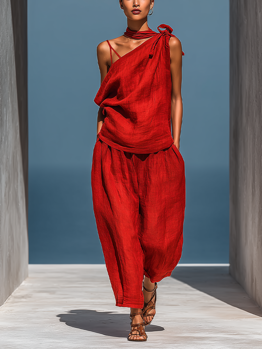 Women’s Red Linen-Blend Two-Piece Set: Asymmetrical One-Shoulder Top (Without Neck Scarf) & Wide-Leg Pants With Pockets