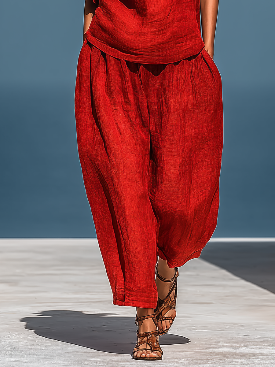 Women’s Red Linen-Blend Two-Piece Set: Asymmetrical One-Shoulder Top (Without Neck Scarf) & Wide-Leg Pants With Pockets