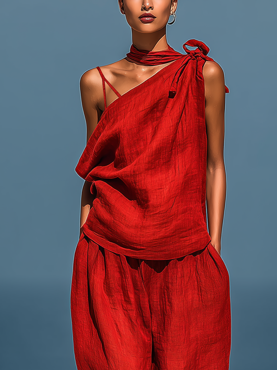 Women’s Red Linen-Blend Two-Piece Set: Asymmetrical One-Shoulder Top (Without Neck Scarf) & Wide-Leg Pants With Pockets