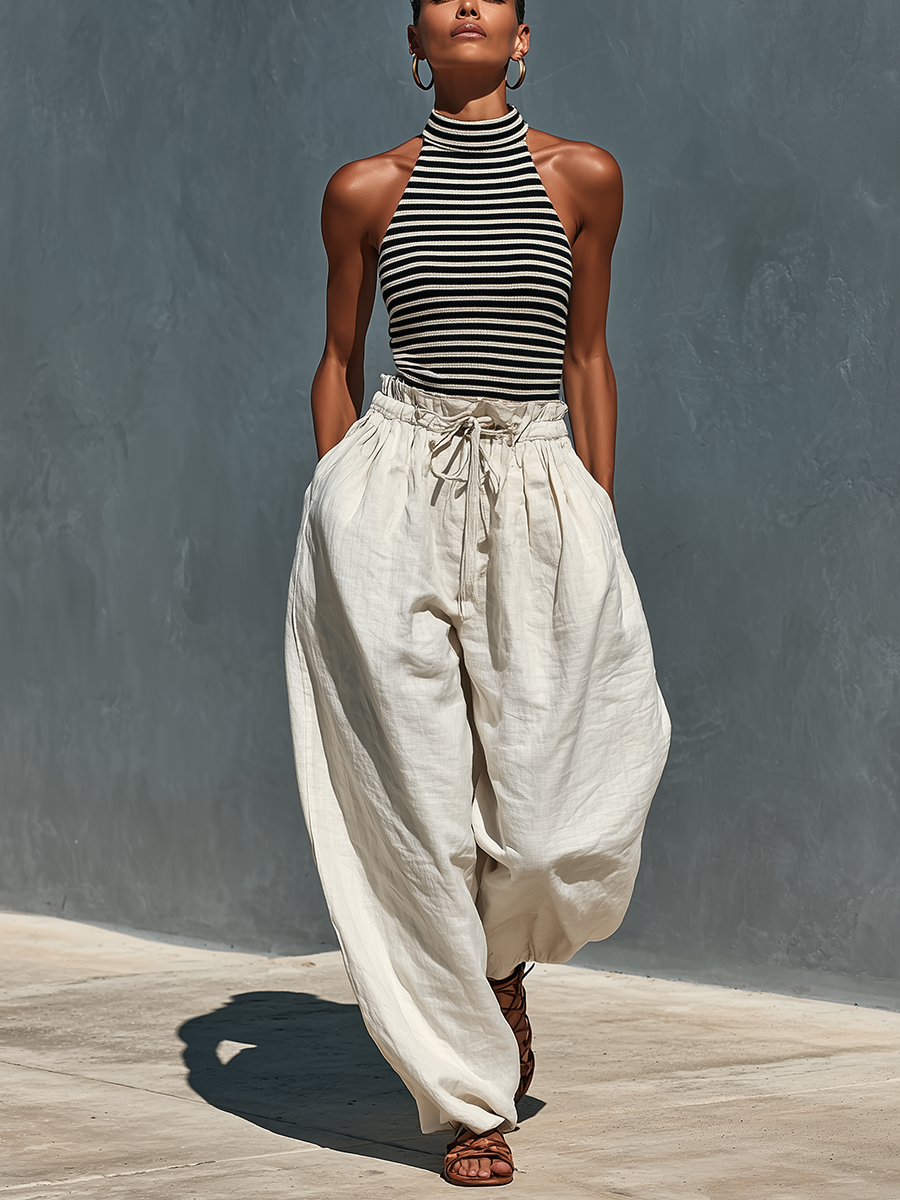 Women’s Black & White Striped Ribbed Knit Halter Top & Beige Linen Drawstring Wide-Leg Pants Two-Piece Set With Pockets