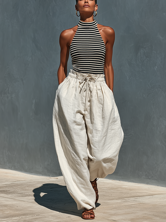 Women’s Black & White Striped Ribbed Knit Halter Top & Beige Linen Drawstring Wide-Leg Pants Two-Piece Set With Pockets