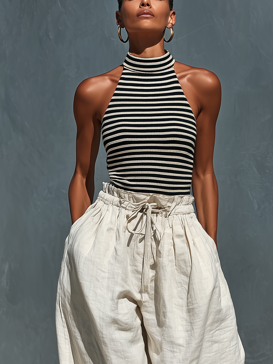 Women’s Black & White Striped Ribbed Knit Halter Top & Beige Linen Drawstring Wide-Leg Pants Two-Piece Set With Pockets
