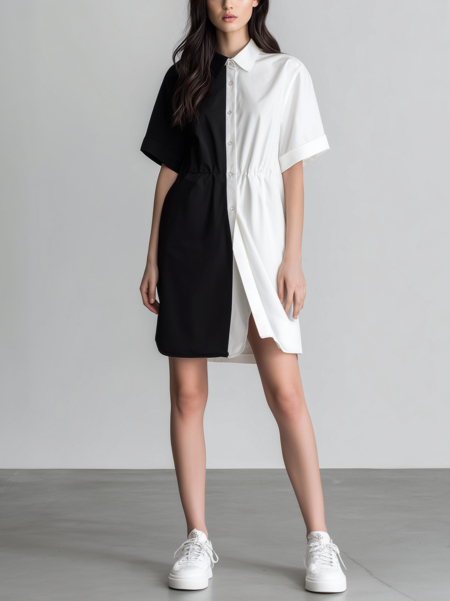 Women's Minimalist Black & White Color-Block Shirt Dress With Subtle Waist-Cinching