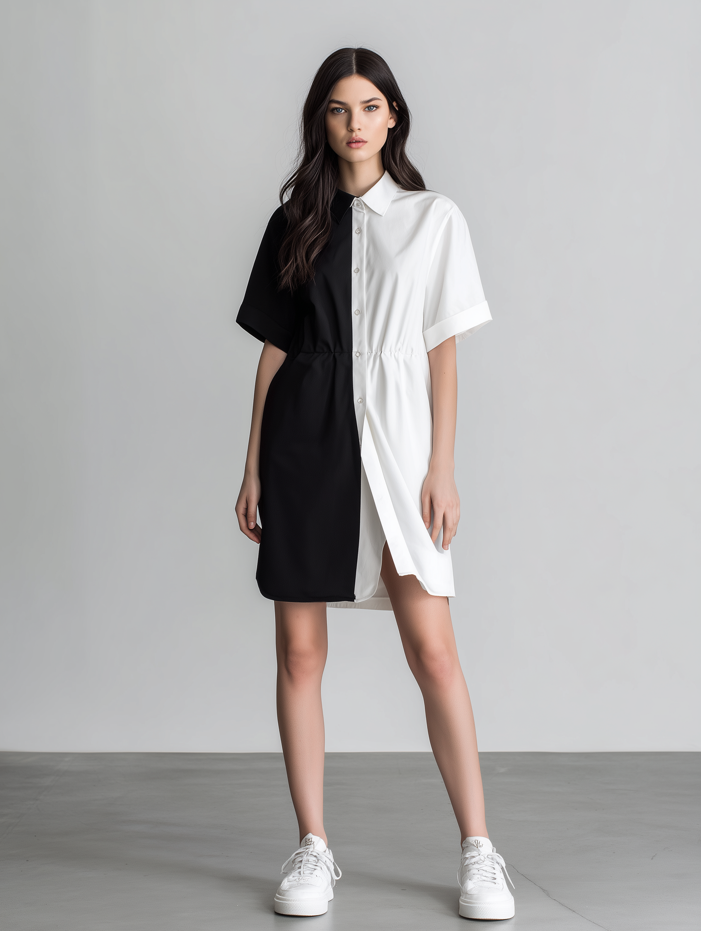 Women's Minimalist Black & White Color-Block Shirt Dress With Subtle Waist-Cinching